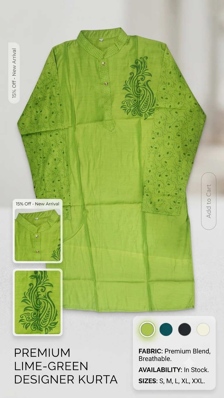 Gaye Holud Special Lime-Green Print Designer Panjabi